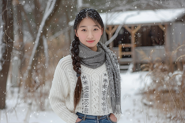 赏雪人像清新自然摄影图