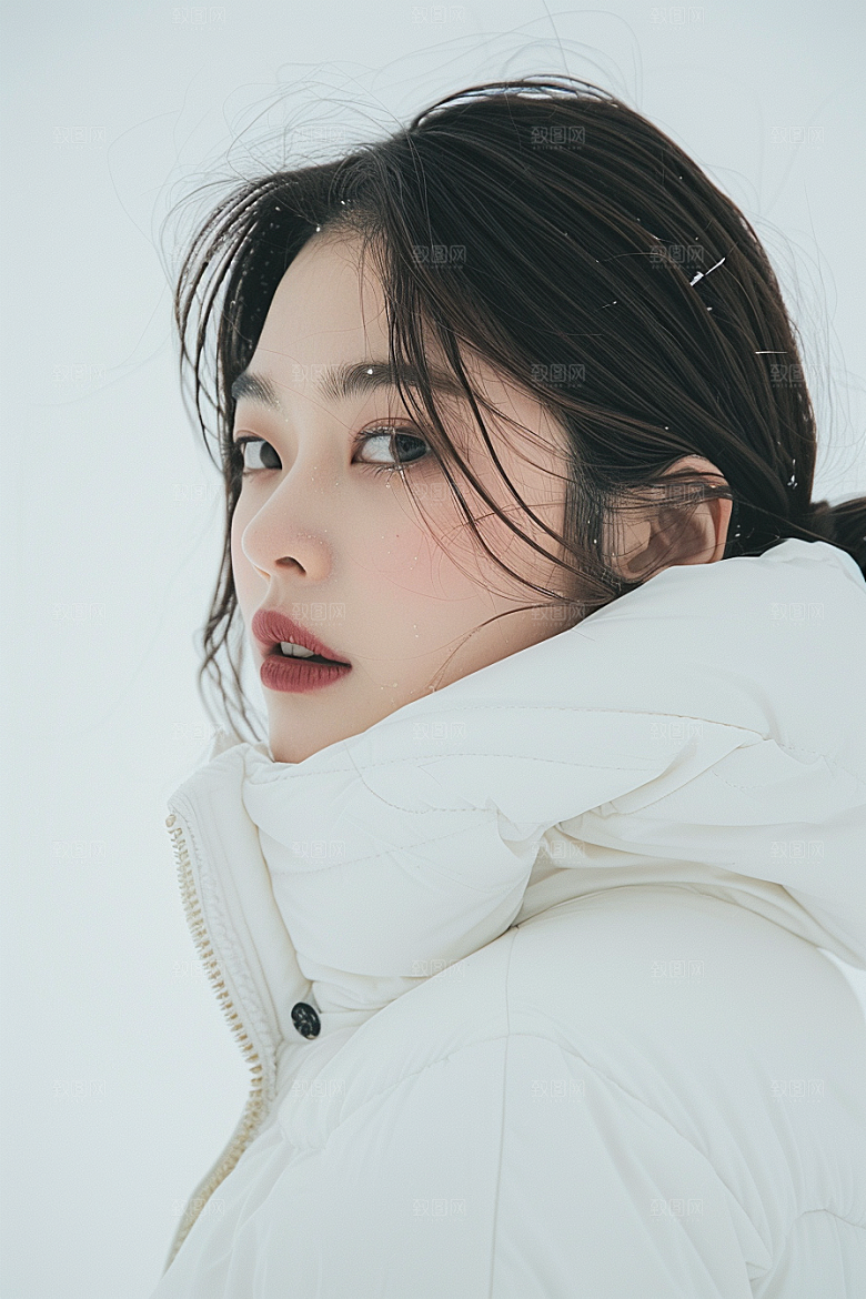 赏雪人像户外冬装摄影图