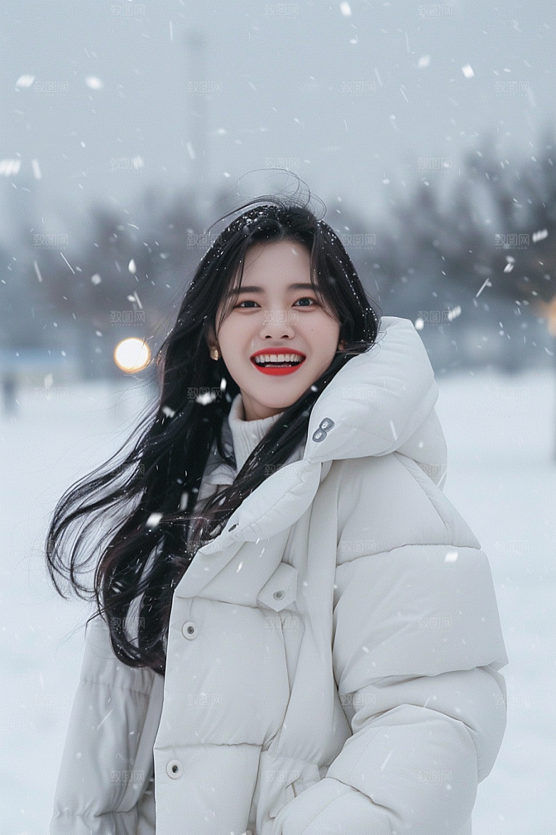 赏雪人像肖像冬装摄影图
