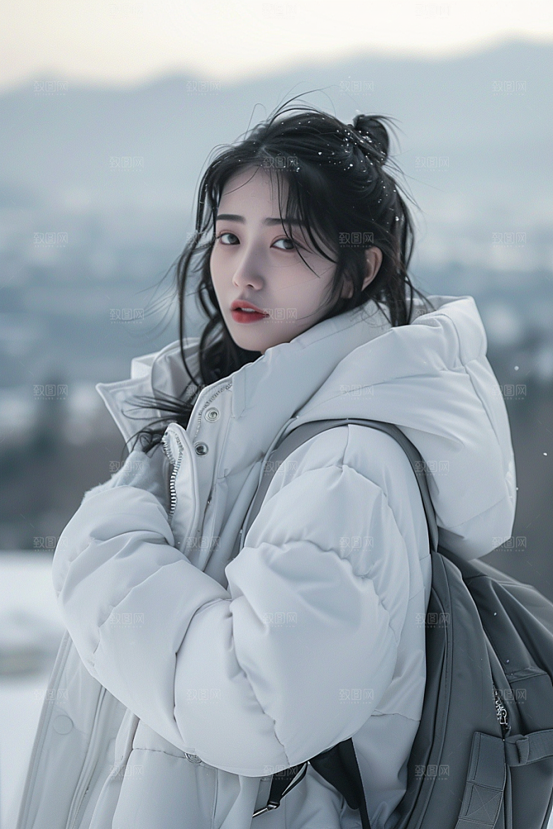 赏雪人像户外雪山摄影图
