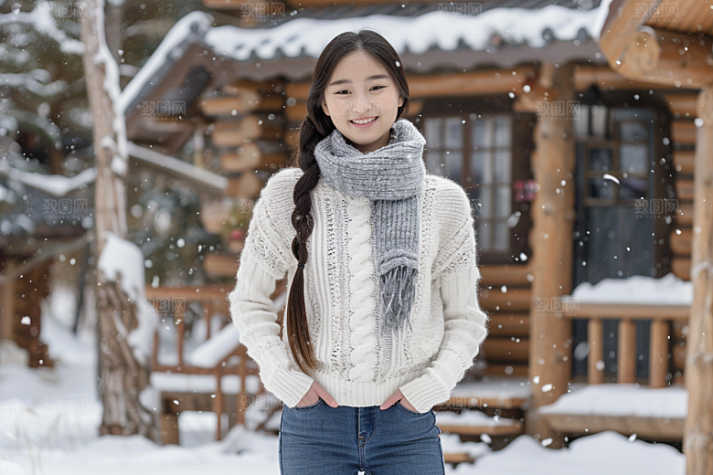赏雪人像时尚自然摄影图