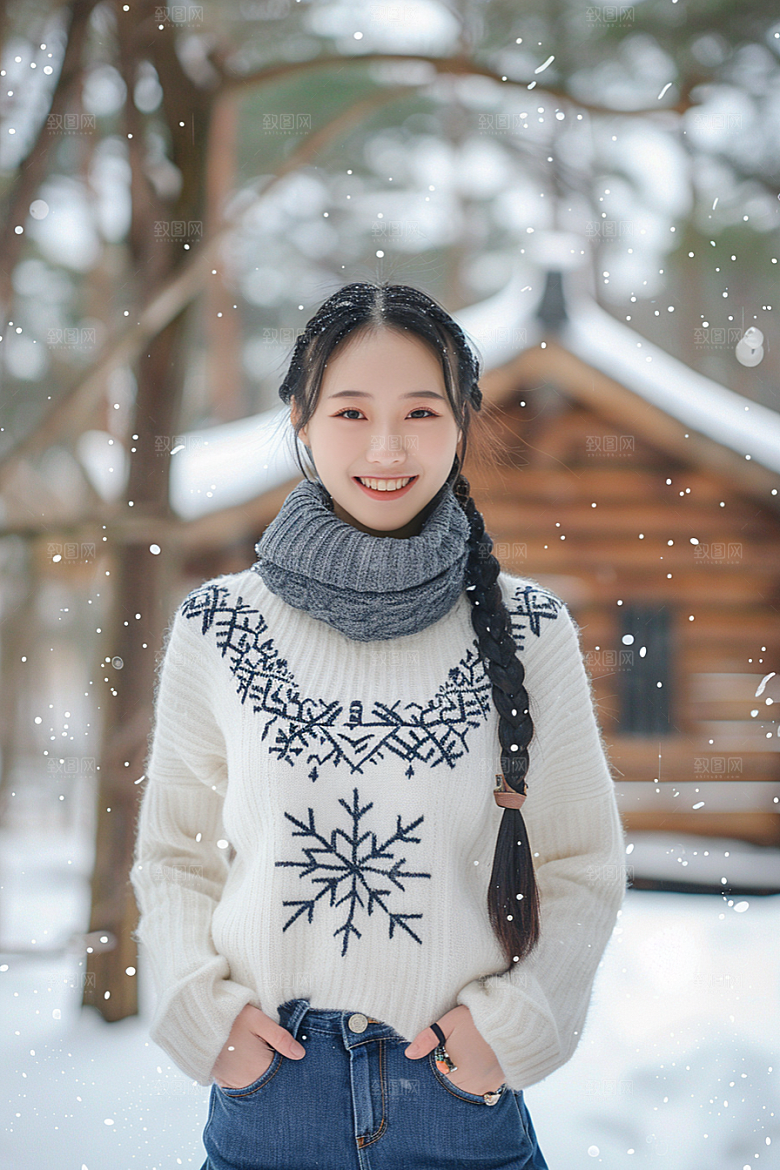 赏雪人像冬季氛围摄影图