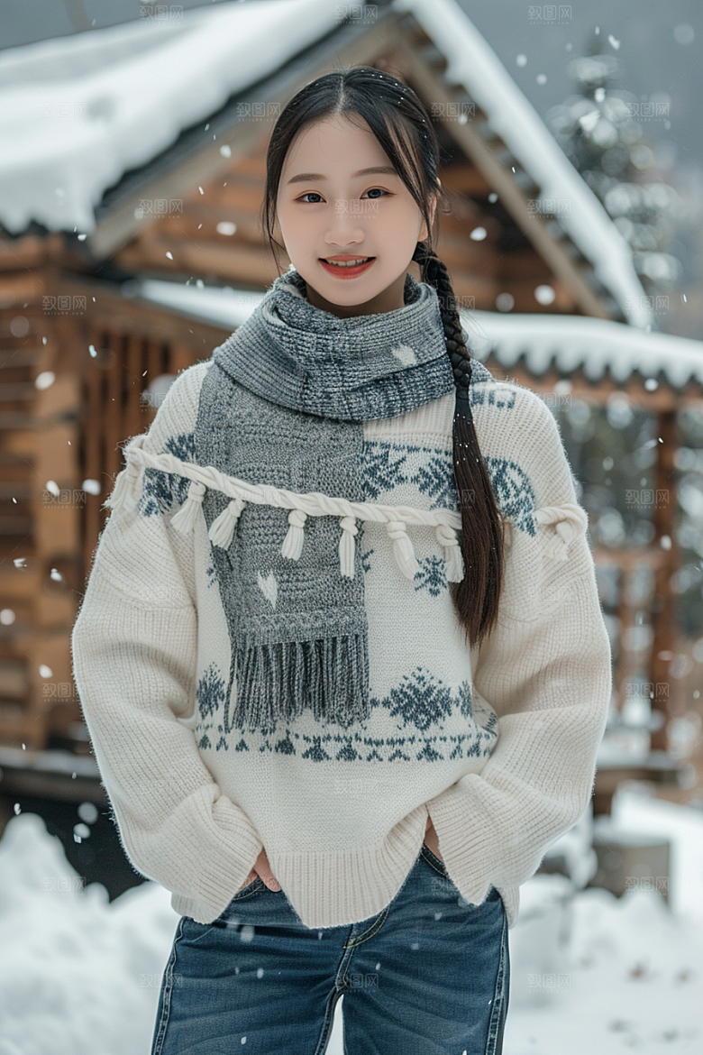 赏雪人像写真肖像摄影图