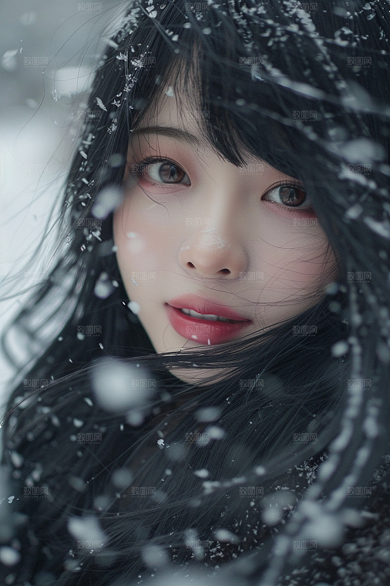 赏雪人像肖像清新摄影图