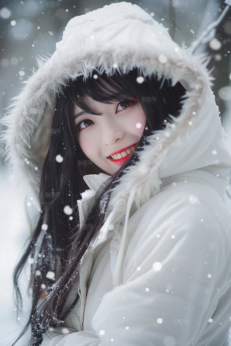 赏雪人像冬季雪地摄影图