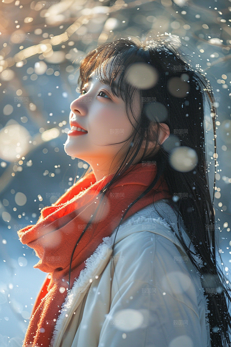 赏雪人像冬季写真摄影图