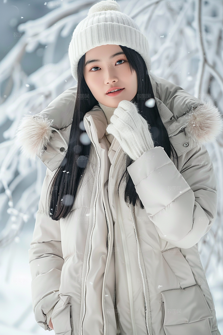 赏雪人像户外雪地摄影图