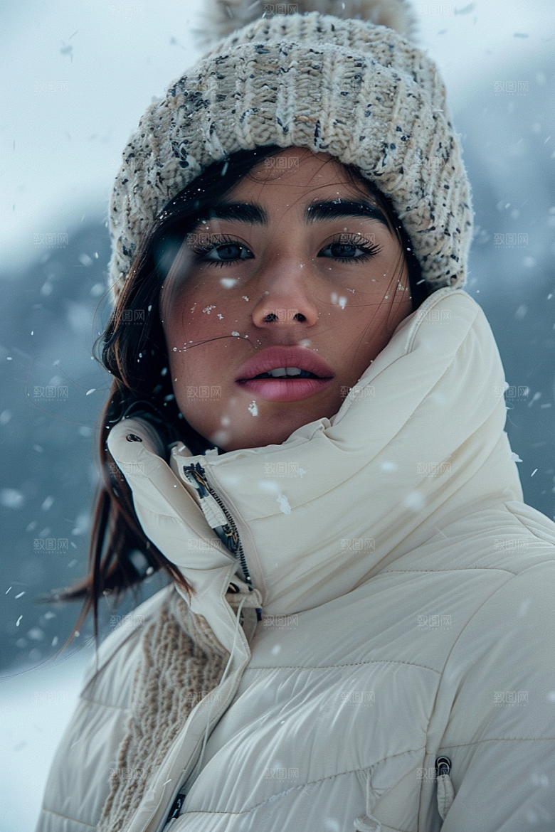 赏雪人像自然写真摄影图