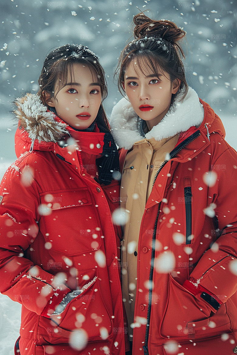 赏雪人像写真雪山摄影图