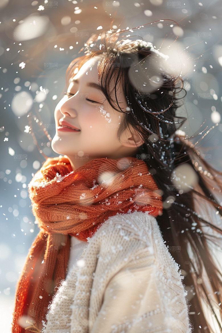 赏雪人像冬季人物摄影图