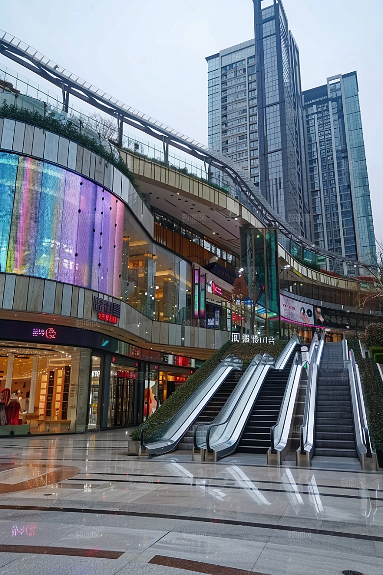 商业街金属感玻璃幕墙效果图
