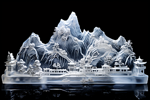 中国风冰雕模型雕塑渲染图