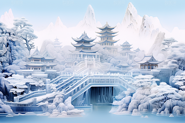 中国风冰雕天宫雕塑渲染图