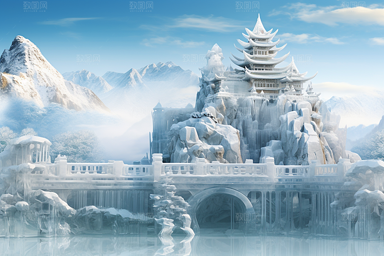 中国风冰雕仙境冰雪艺术渲染图
