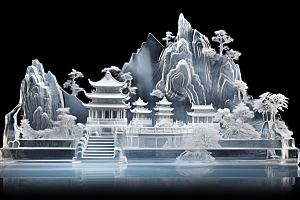 中国风冰雕雕塑透明渲染图