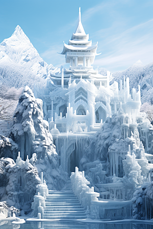 中国风冰雕山水楼阁晶莹剔透渲染图