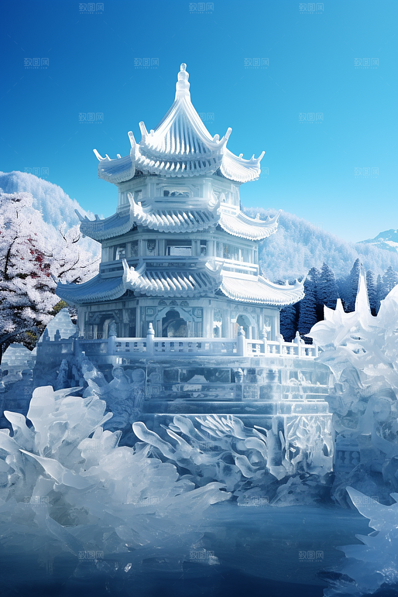 中国风冰雕雕塑晶莹剔透渲染图