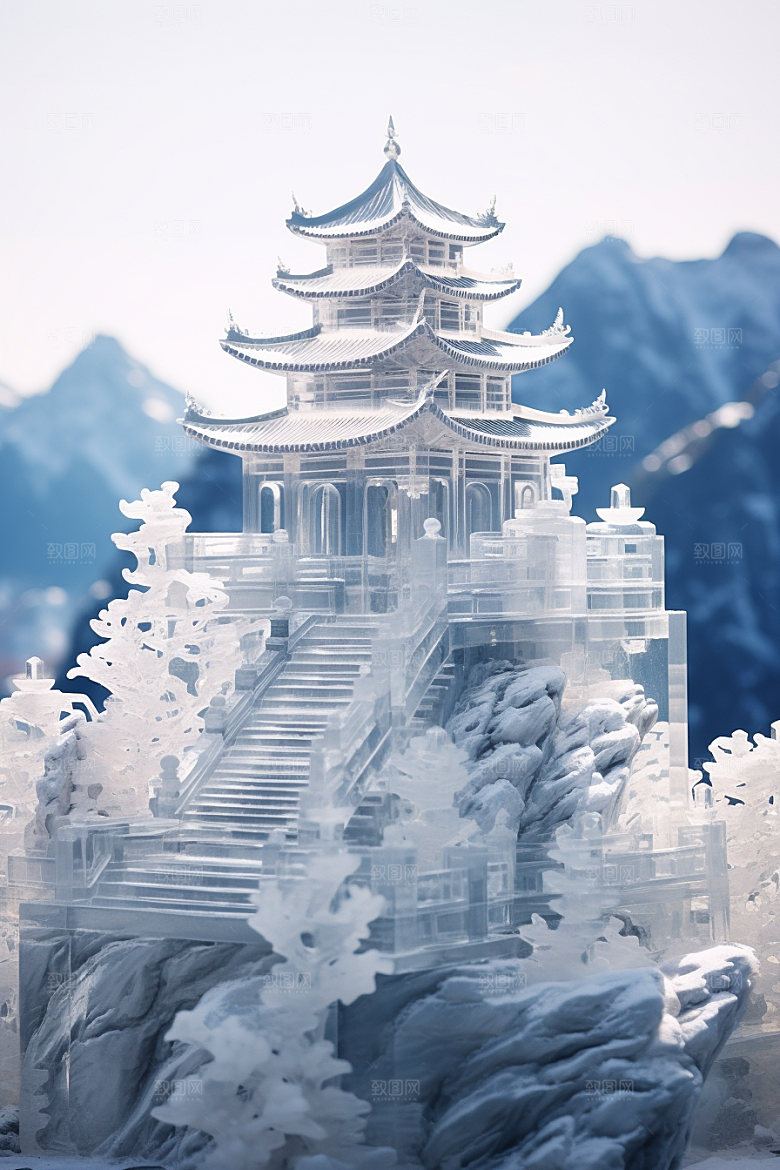 中国风冰雕仙境透明渲染图