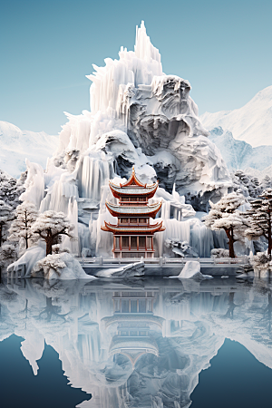 中国风冰雕天宫雕塑渲染图