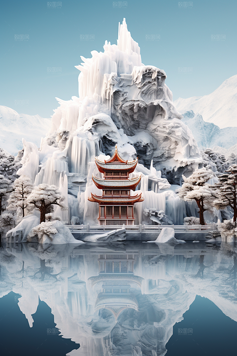 中国风冰雕天宫雕塑渲染图