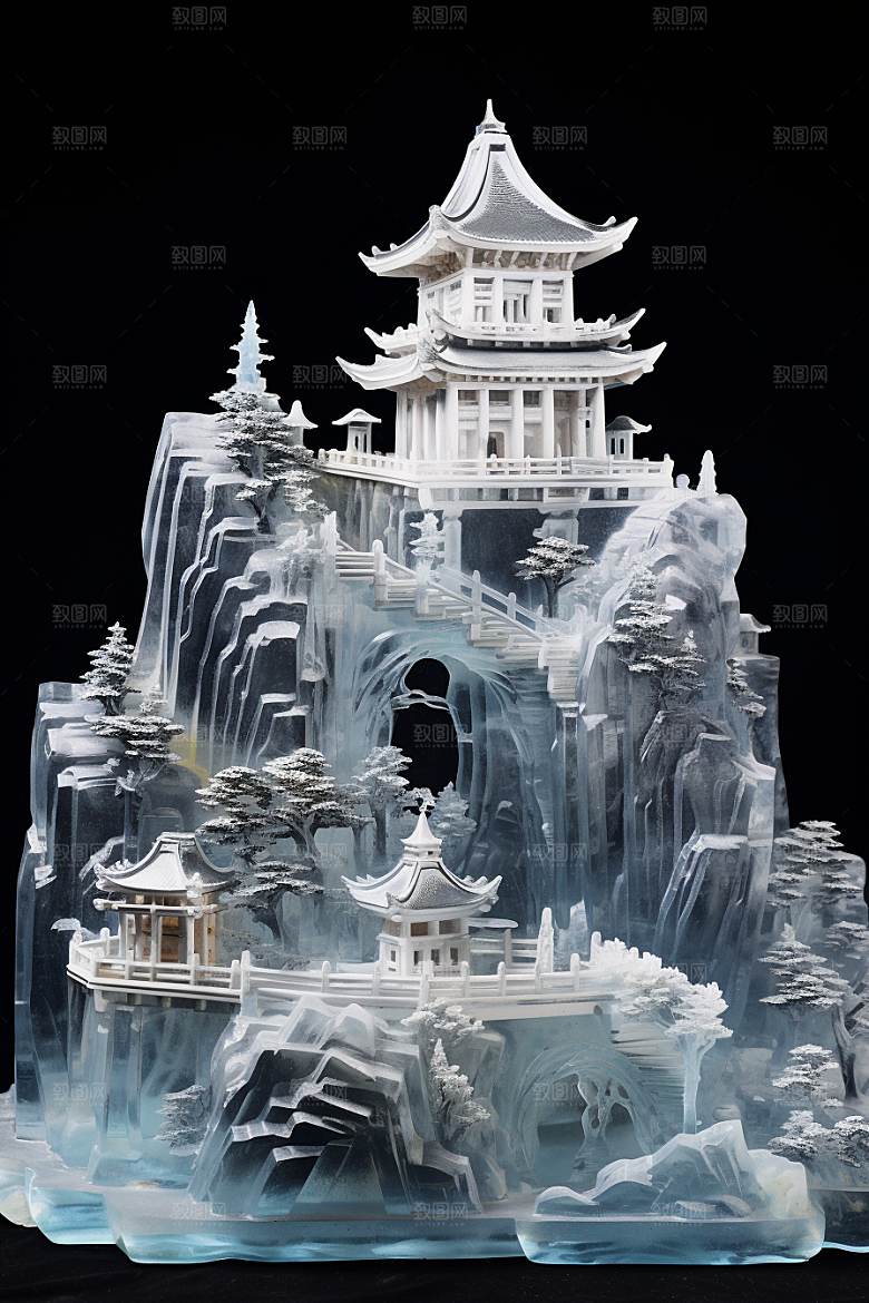 中国风冰雕模型唯美渲染图