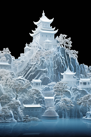 中国风冰雕模型雕塑渲染图