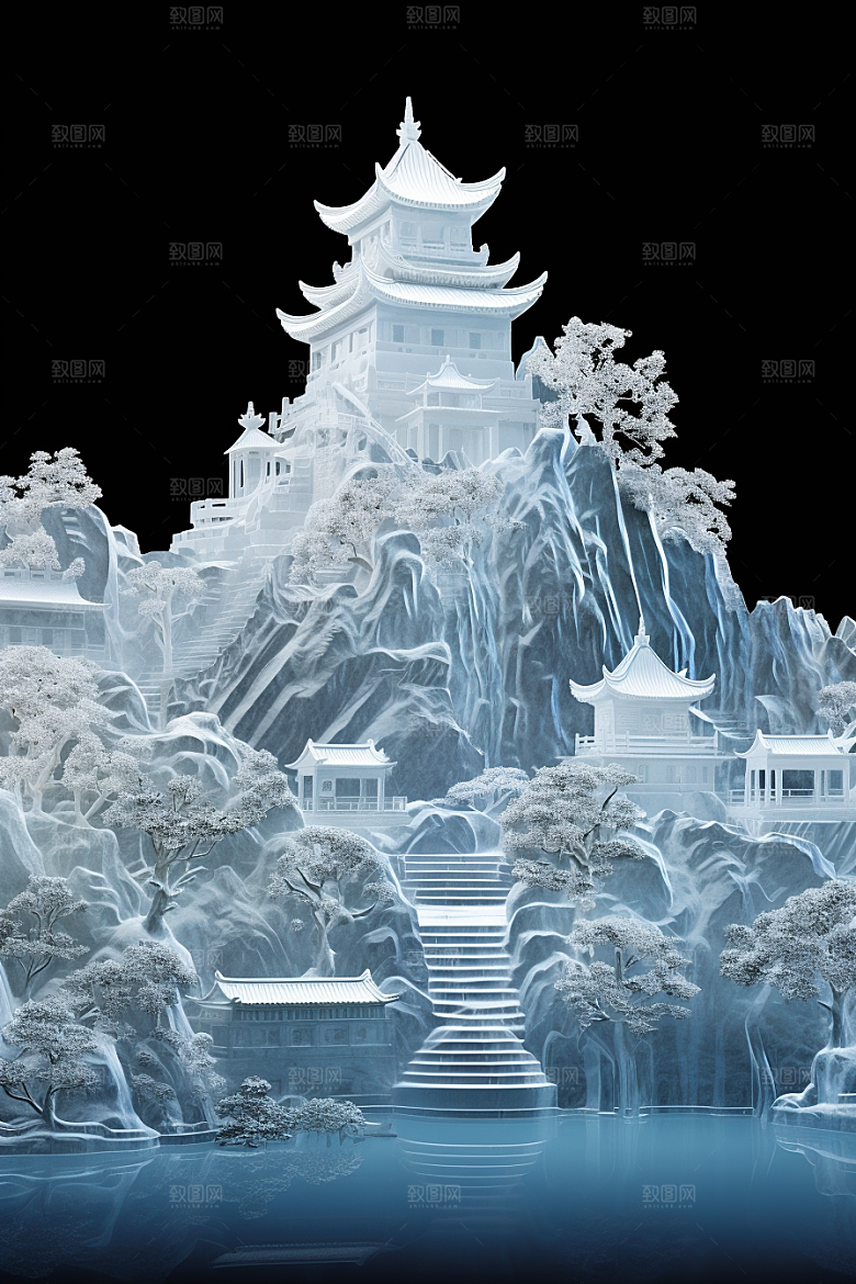 中国风冰雕模型雕塑渲染图