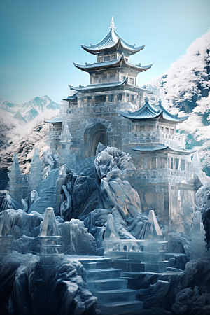 中国风冰雕模型唯美渲染图