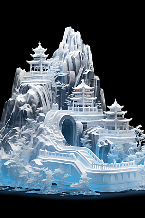 中国风冰雕雕塑仙境渲染图