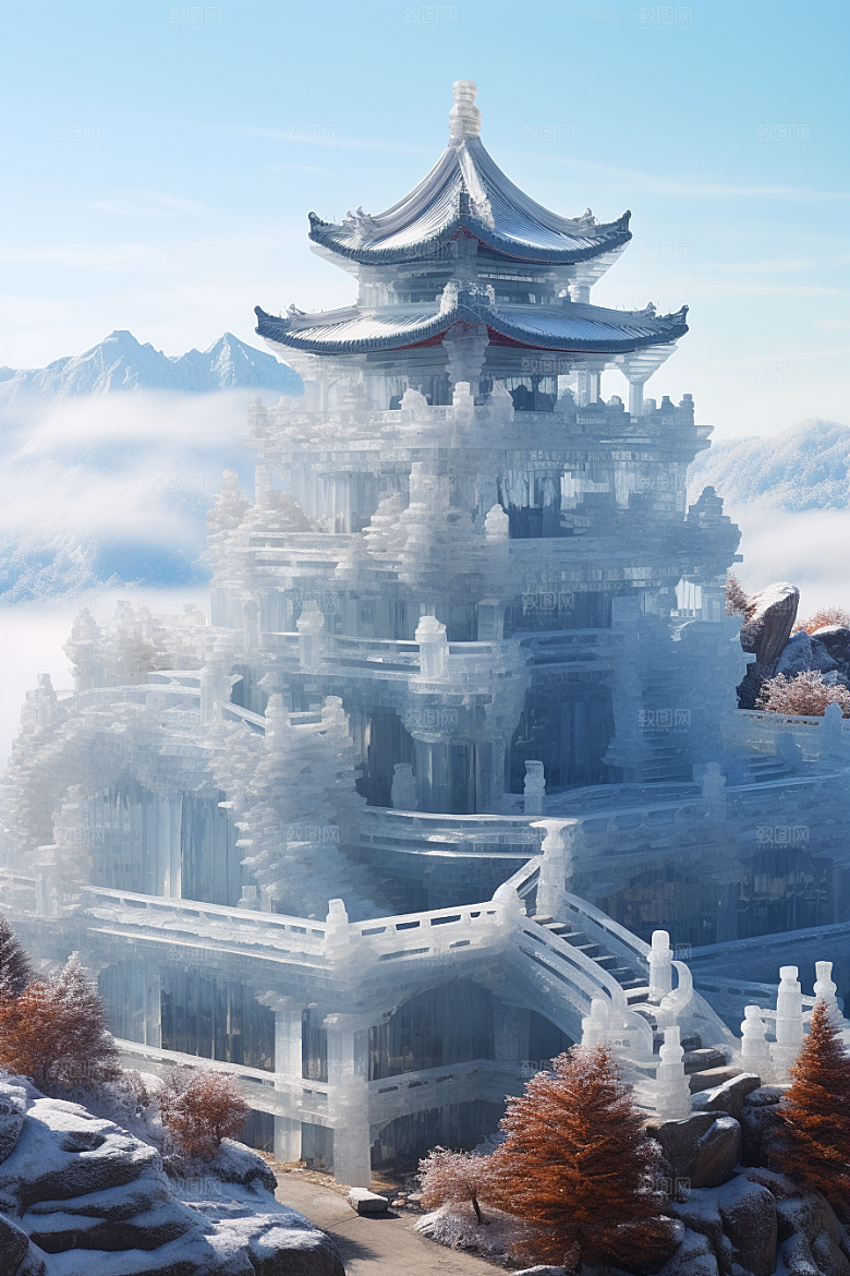 中国风冰雕雕塑唯美渲染图
