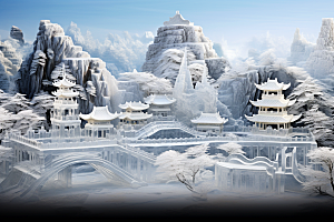 中国风冰雕雕塑山水楼阁渲染图