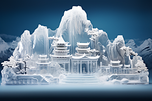 中国风冰雕透明雕塑渲染图