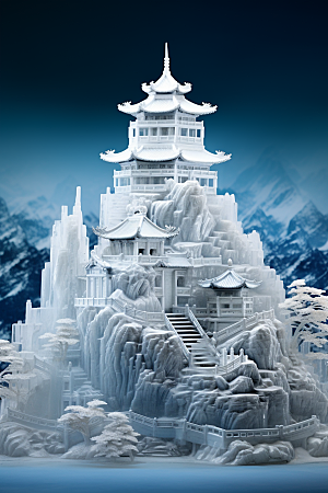 中国风冰雕唯美透明渲染图
