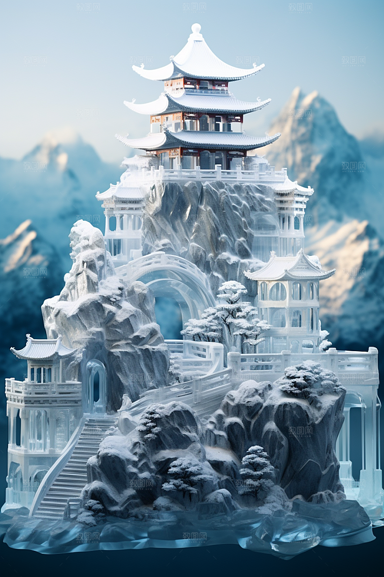中国风冰雕仙境模型渲染图
