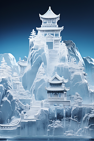 中国风冰雕雕塑唯美渲染图