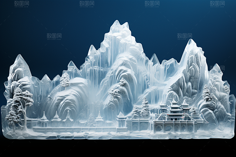 中国风冰雕山水楼阁模型渲染图