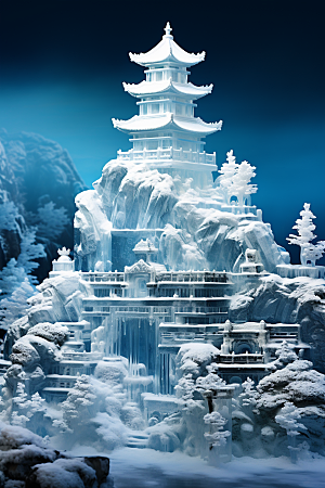 中国风冰雕模型晶莹剔透渲染图