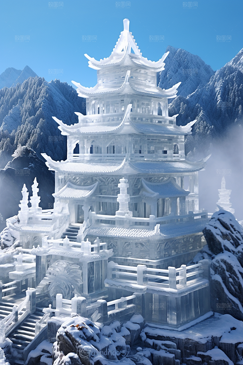 中国风冰雕天宫仙境渲染图