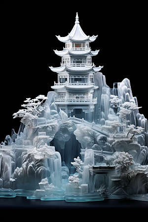 中国风冰雕冰雪艺术透明渲染图