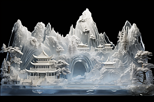 中国风冰雕山水楼阁模型渲染图