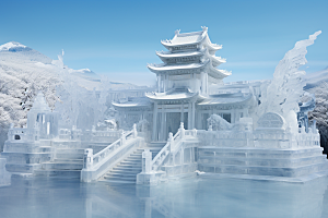 中国风冰雕透明冰雪艺术渲染图