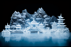 中国风冰雕冰雪艺术雕塑渲染图