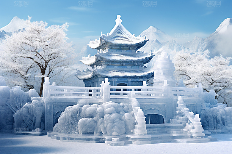 中国风冰雕山水楼阁仙境渲染图