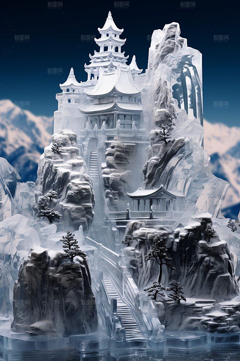 中国风冰雕山水楼阁天宫渲染图