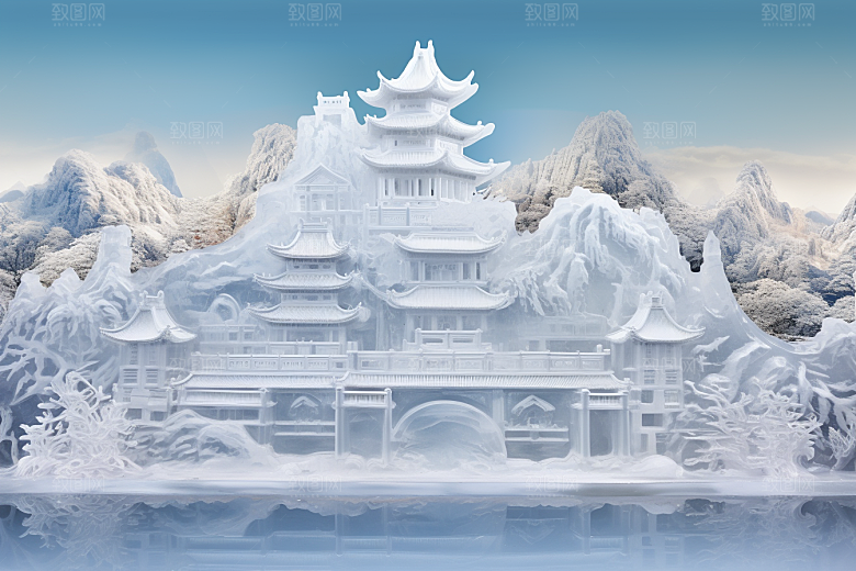 中国风冰雕天宫模型渲染图