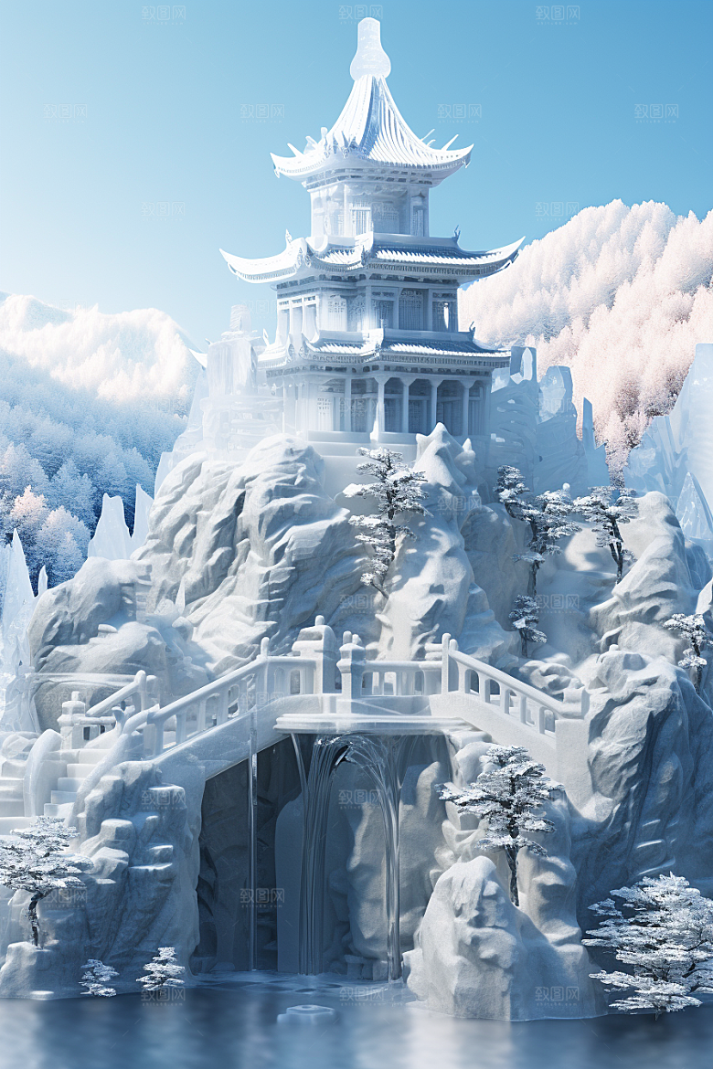 中国风冰雕冰雪艺术仙境渲染图