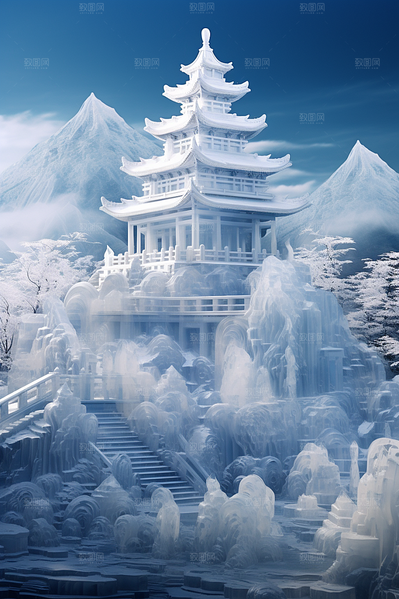 中国风冰雕模型透明渲染图