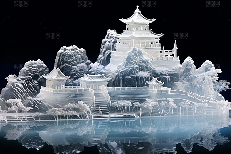 中国风冰雕山水楼阁模型渲染图