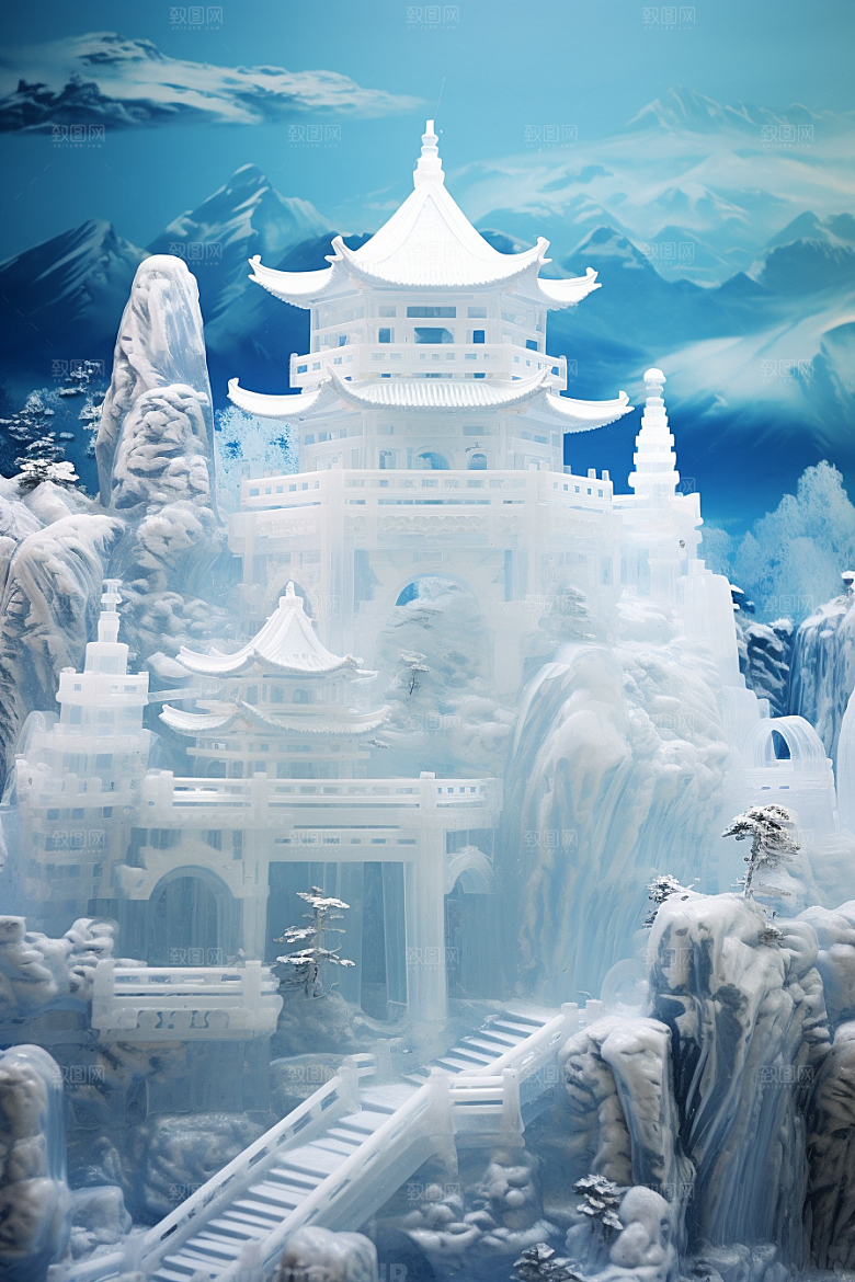 中国风冰雕晶莹剔透冰雪艺术渲染图