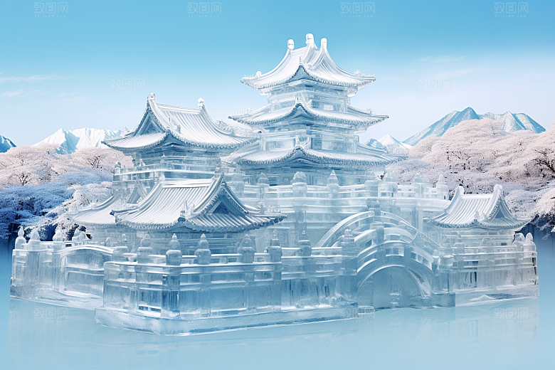 中国风冰雕仙境雕塑渲染图